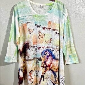 Western Equestrian Horse Print Long Sleeve Swing Tunic Et’Lois Large USA Artwear